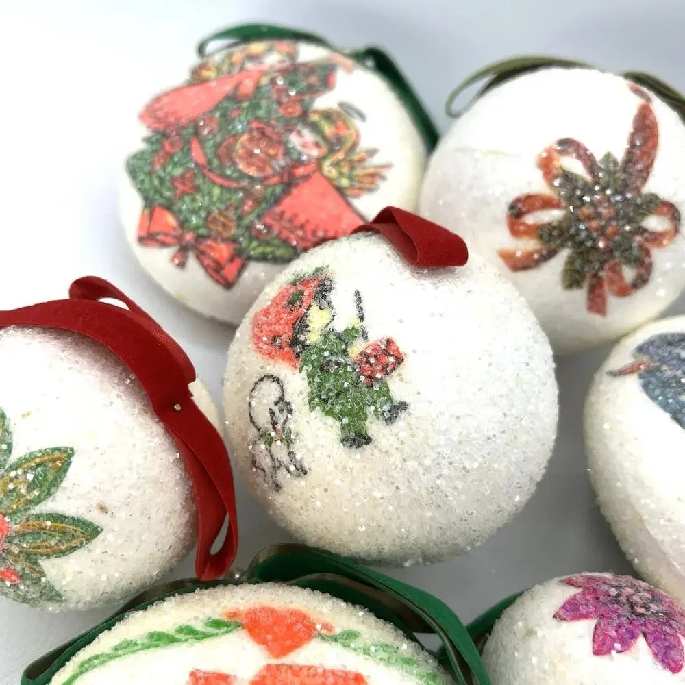 Set 18 Sugar Coated Frosted Christmas Tree Ornaments Retro 1960s Day Glo Kitsch